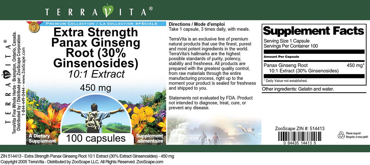 Terravita Panax Ginseng Root 10:1 Extract (30% Ginsenosides) - 450 mg, 100 Capsules