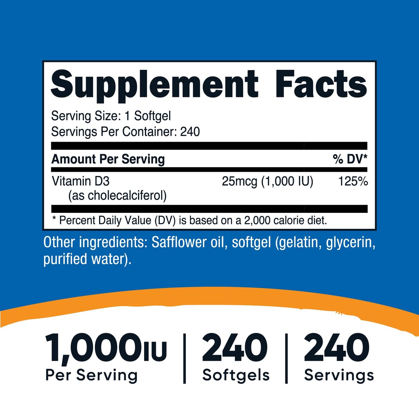 Nutricost Vitamin D3 1000iu Softgels, 240 Softgels
