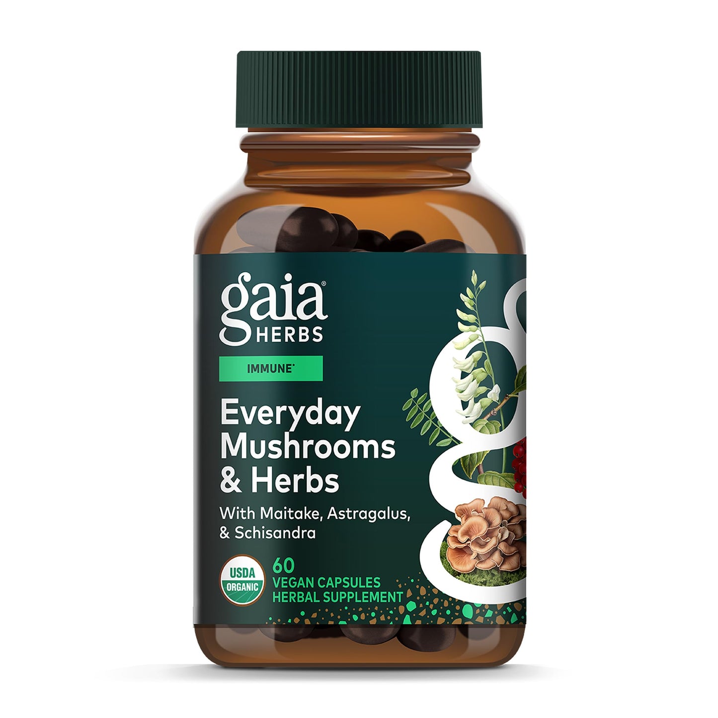 Gaia Herbs Everyday Immune Mushroom & Herbal Support Supplement, 60 Vegan Capsules