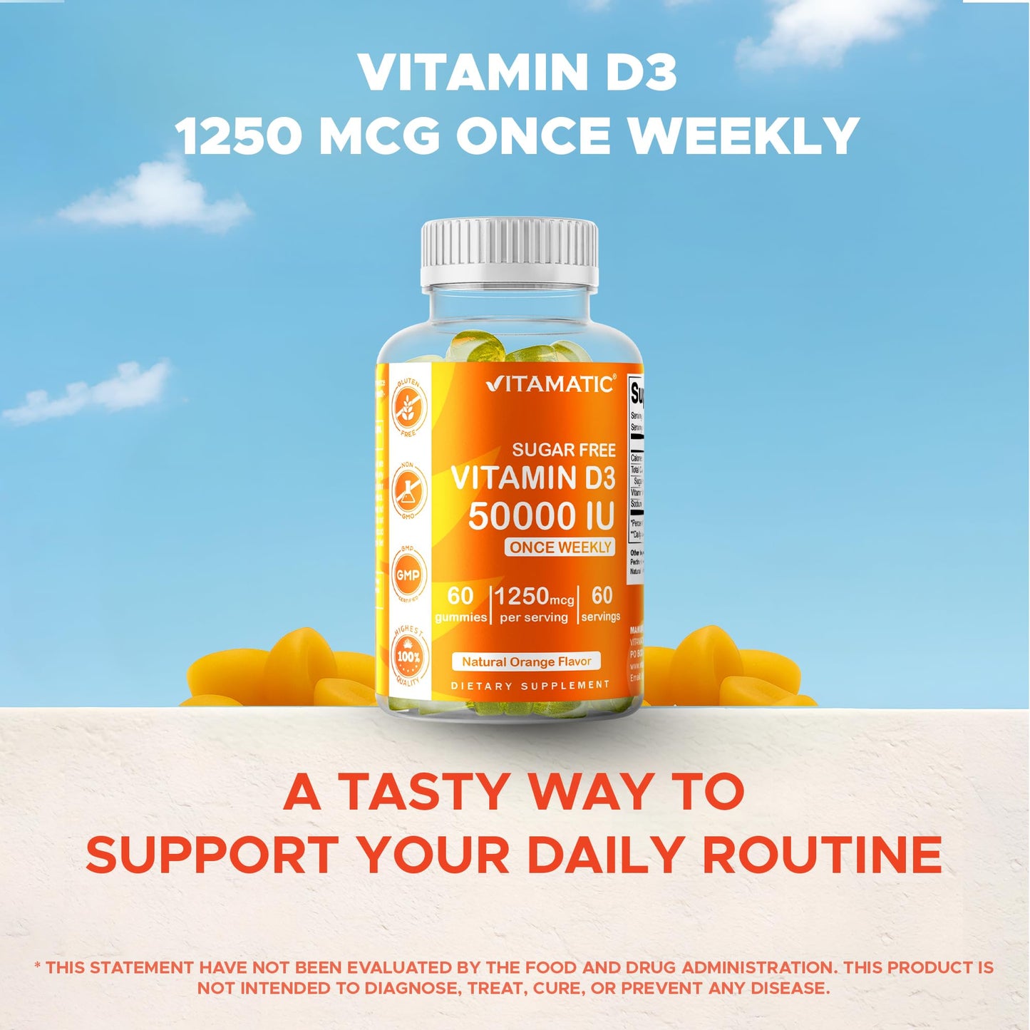 Vitamatic Sugar Free Vitamin D3 50,000 IU Weekly Supplement Gummies 60 Count