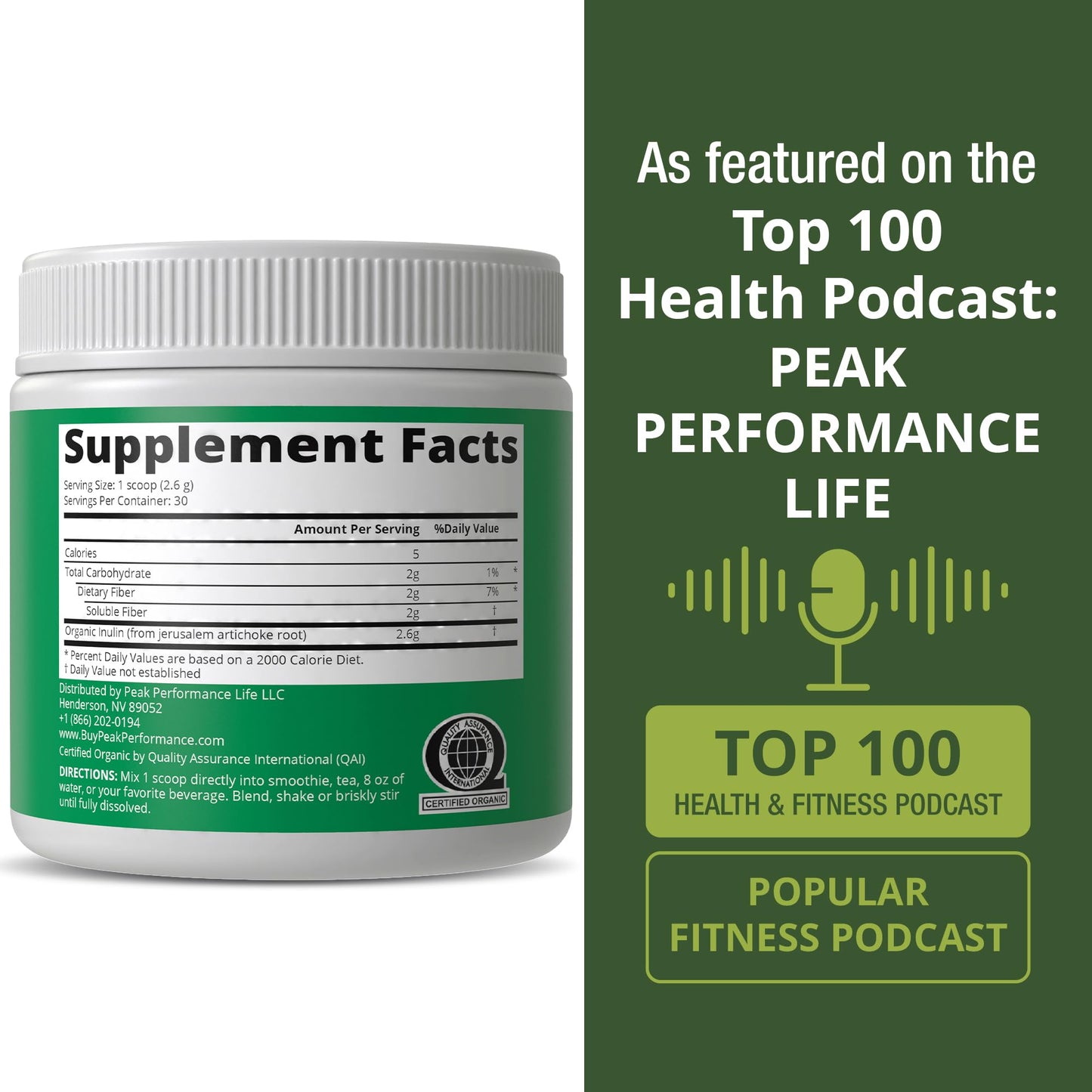 Peak Performance Organic Inulin Powder 2.7 Ounce