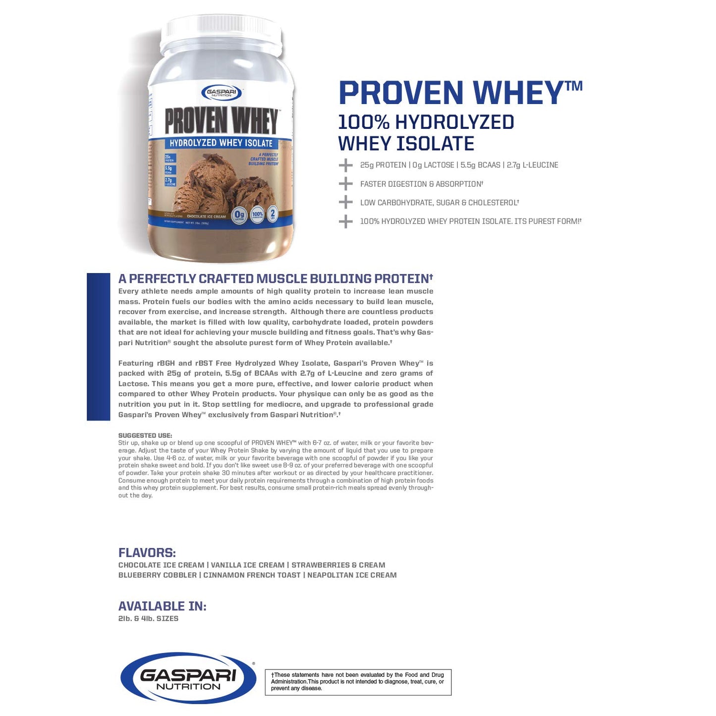 Gaspari Nutrition Proven Whey Hydrolyzed Whey Isolate Protein Powder, 64 Servings