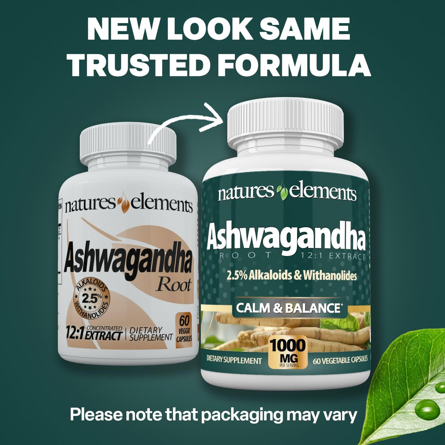 Natures Elements Ashwagandha Root 12:1 Extract 1000mg Per Serving 2.5% Withanolides & Alkaloids Vegetarian Capsules 60