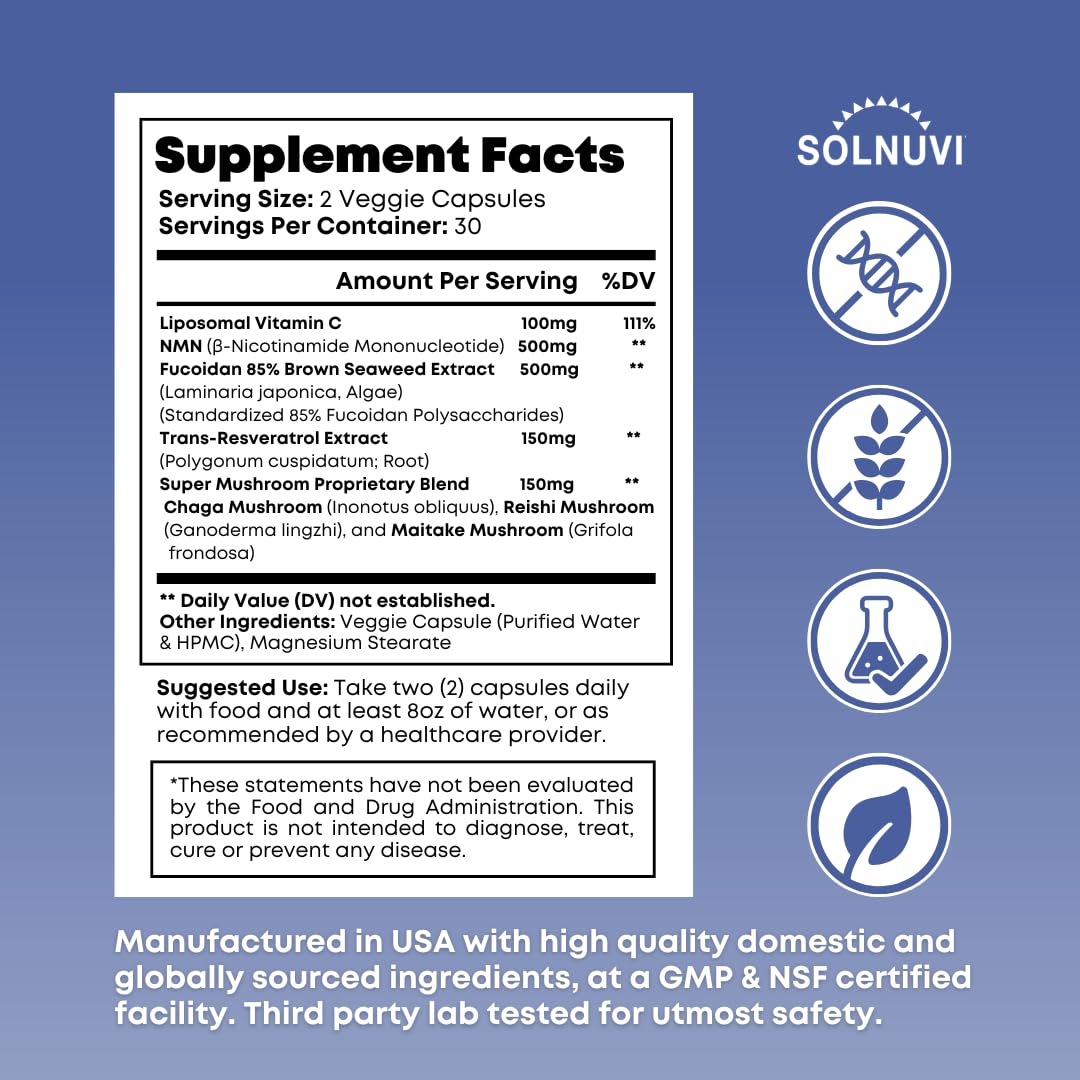 SOLNUVI NMN 500mg & Fucoidan with Trans-Resveratrol, Liposomal Vitamin C, Chaga, Reishi & Maitake Mushroom Extract - NAD+, Mitochondrial Health, 60 Capsules