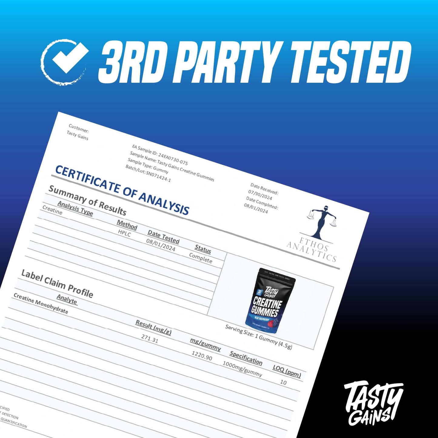 TASTY GAINS Creatine Gummies 90 Count