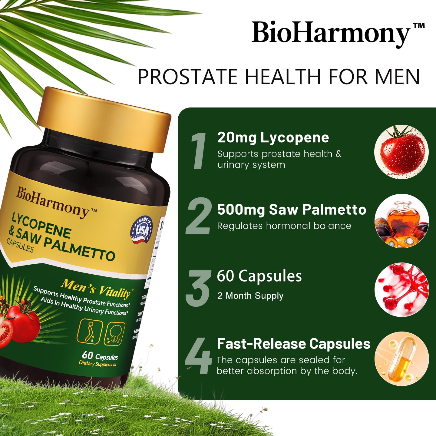 BioHarmony Saw Palmetto Prostate Health Supplement for Men, 60 Capsules