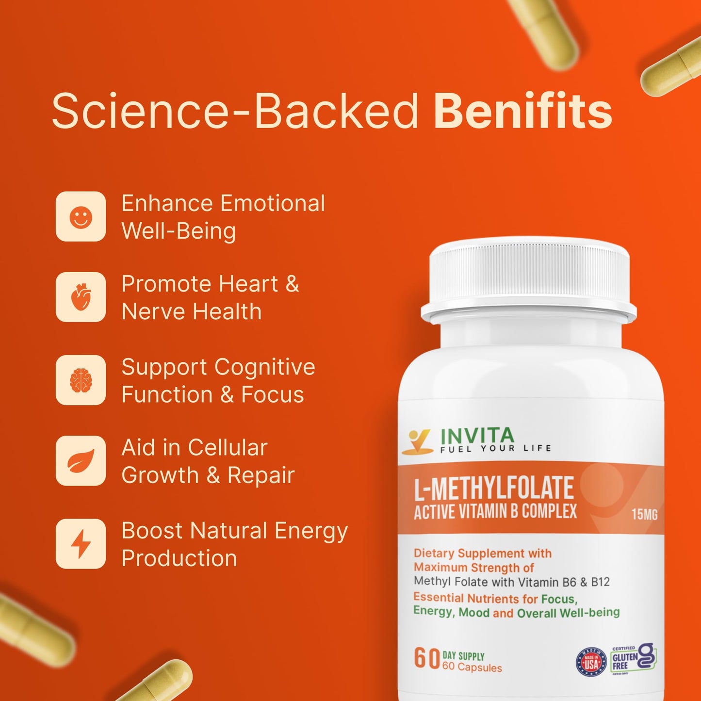INVITA L-Methylfolate 15mg + Active Vitamin B Complex Capsules 60 Count