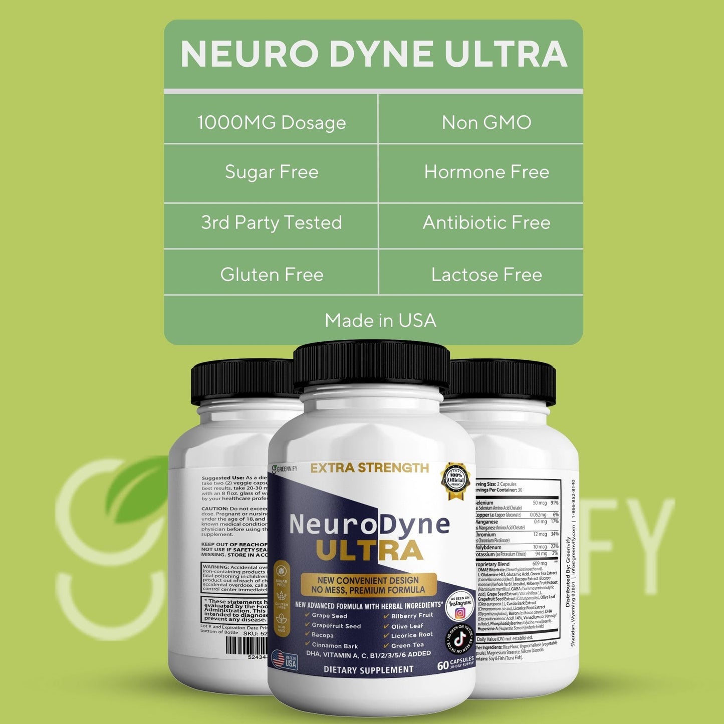 GREENVIFY NeuroDyne Ultra Extra Strength Brain Supplement, 60 Capsules