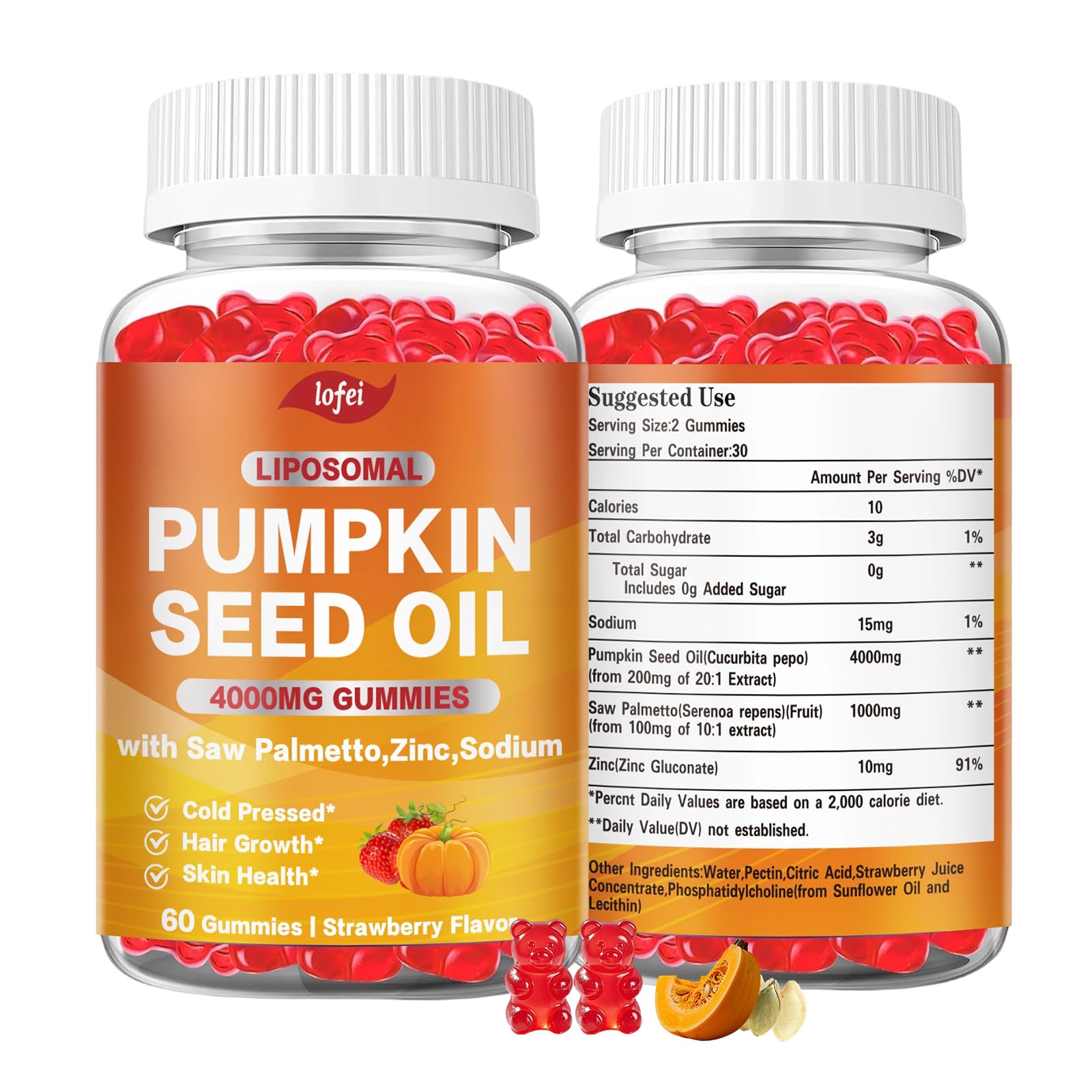 Lofei Pumpkin Seed Oil 4000mg with Saw Palmetto for Hair Growth and Prostate, 60 Gummies