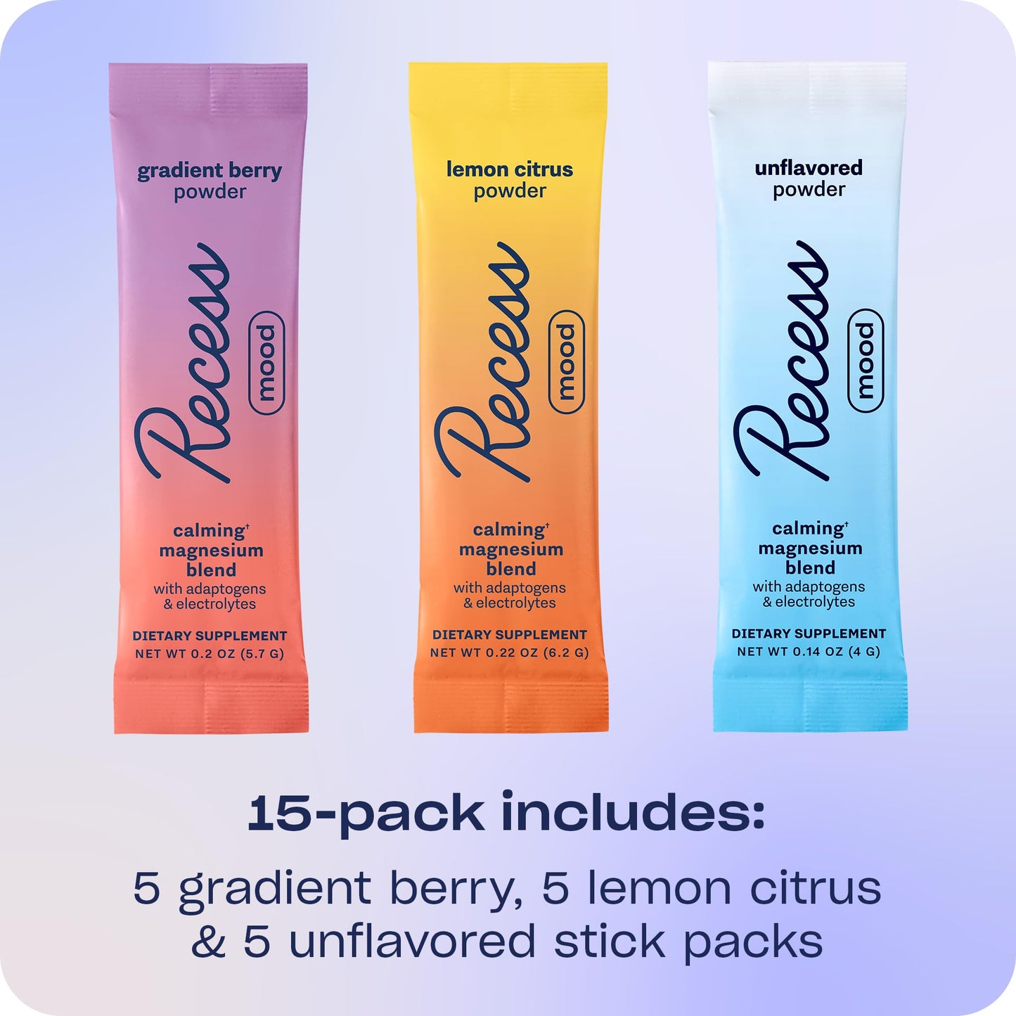 Recess Mood Powder, Magnesium L-Threonate Blend with Passion Flower, L-Theanine, Electrolytes, Magnesium Calm Support Powder Supplement - Sampler Pack, Pack of 15, 2.8 oz