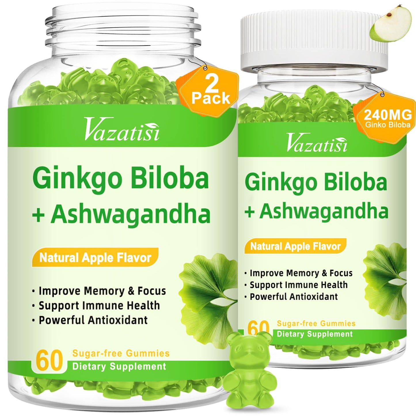 Vazatisi Ginkgo Biloba Gummies 240mg with Panax Ginseng for Better Mood and Focus, 120 Gummies