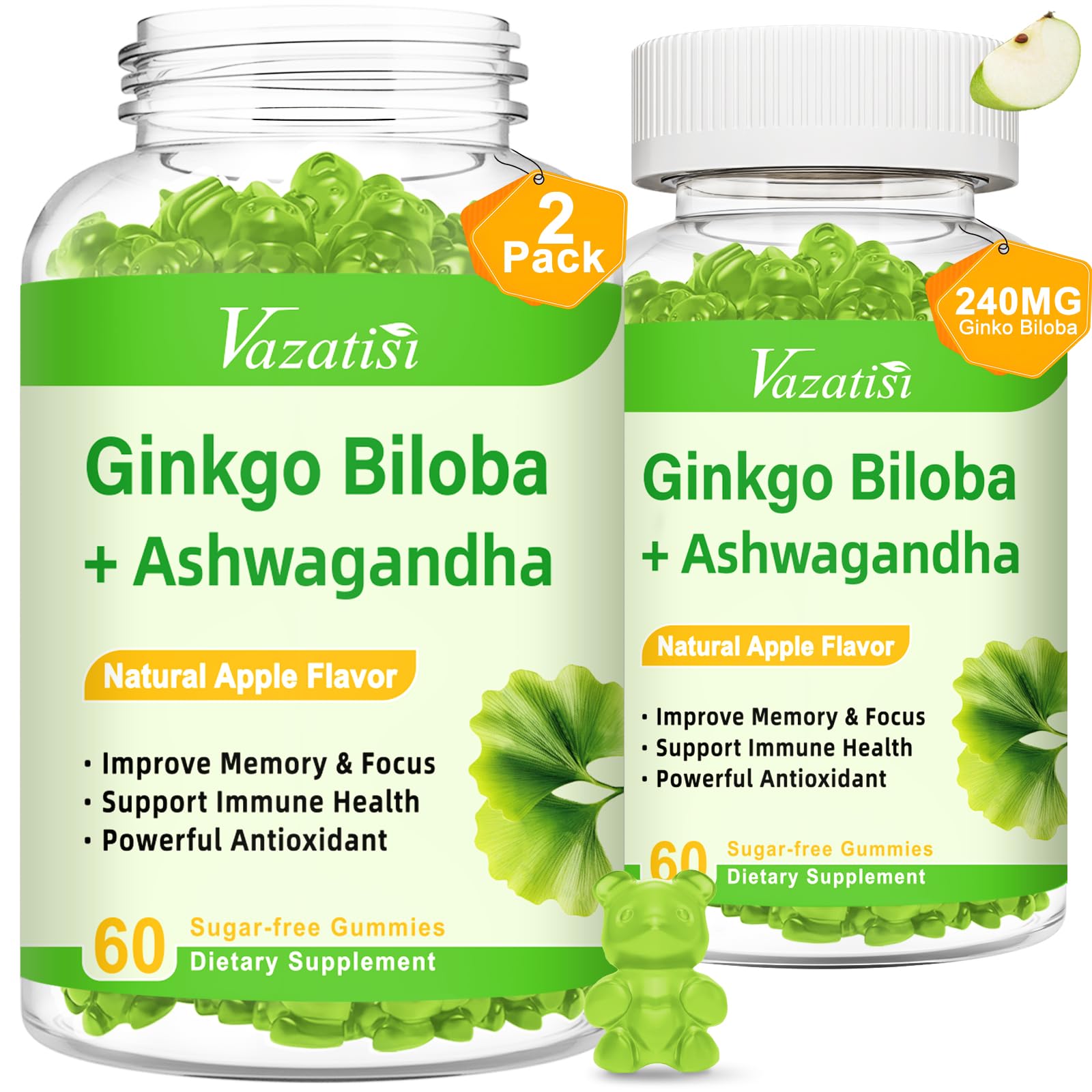 Vazatisi Ginkgo Biloba Gummies 240mg with Panax Ginseng for Better Mood and Focus, 120 Gummies