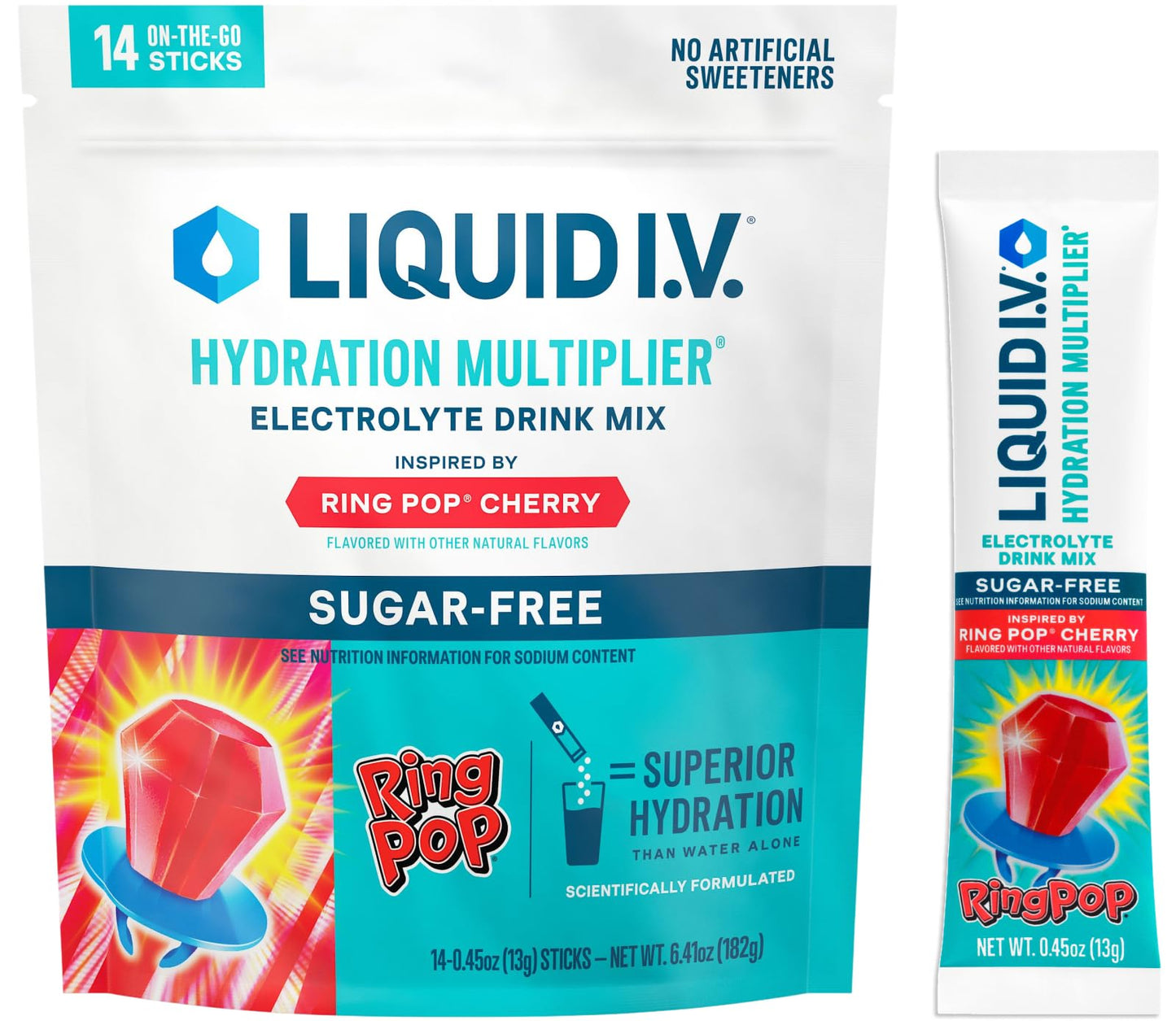 Liquid I.V. Hydration Multiplier Sugar-Free Ring Pop Cherry Powder, 6.4 Ounce (Pack of 1)