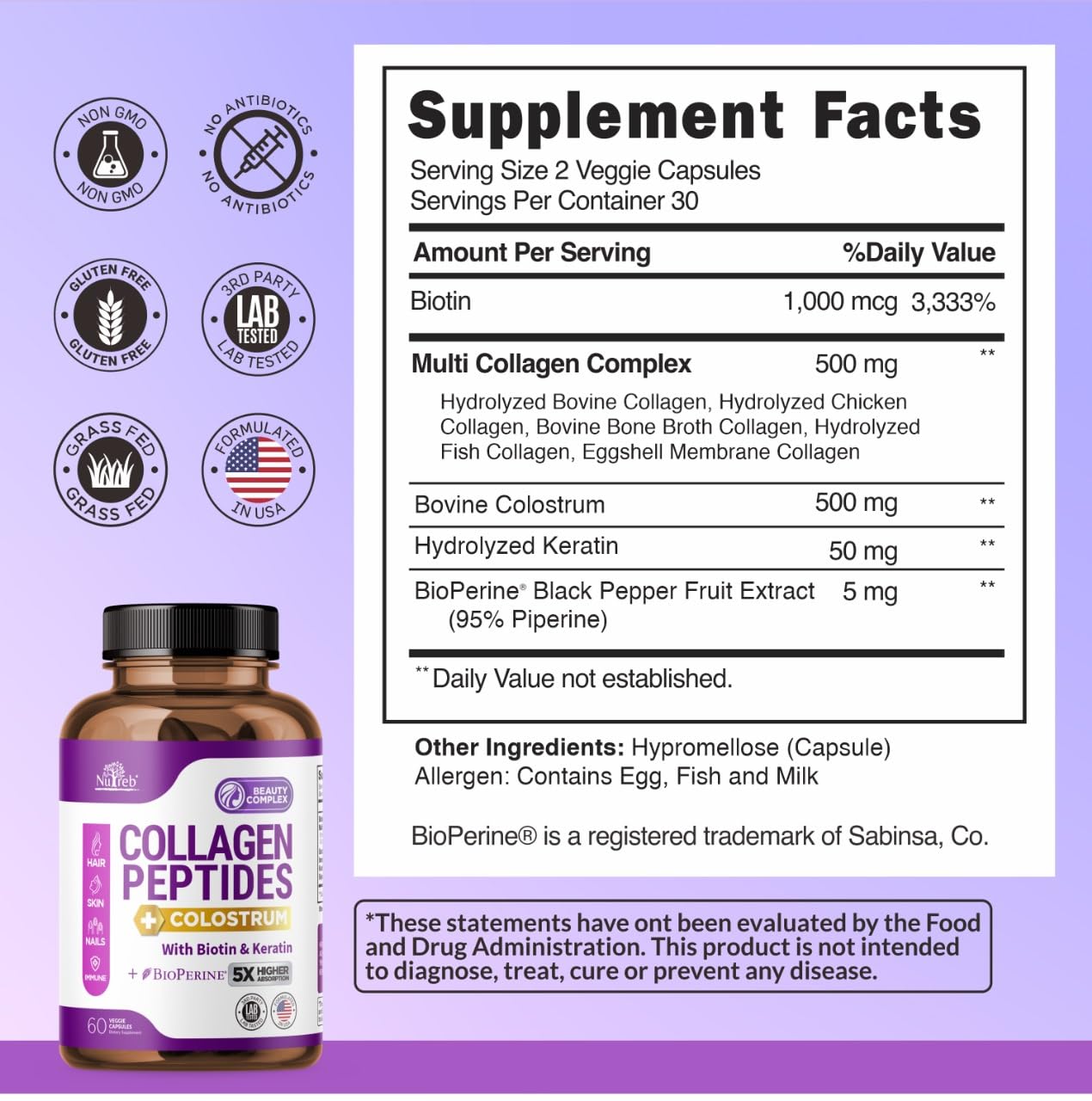 Nutreb Collagen Peptides with Colostrum for Women - Multi-Collagen Types I, II, III, V, X with Biotin & Keratin Capsules, 60 Count