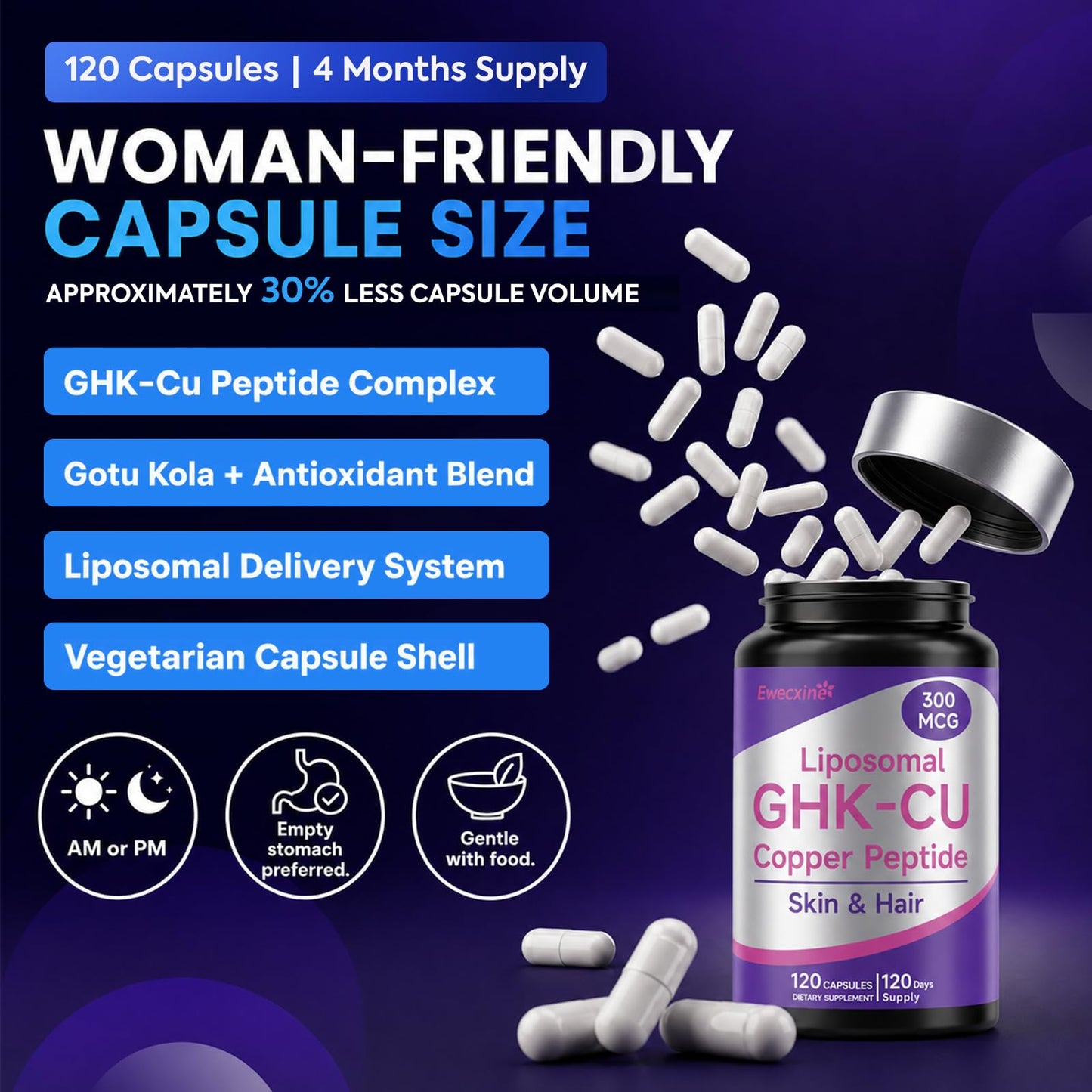 Ewecxine GHK-Cu Copper Peptide Supplement, 300 mcg per Serving, 120 Vegan Capsules