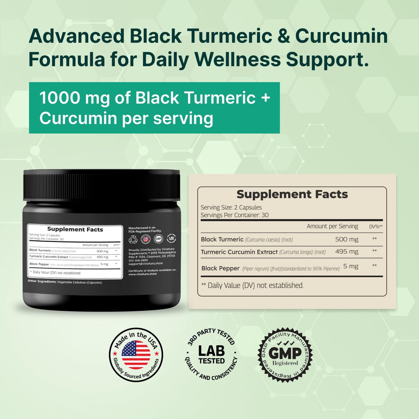 VINATURA Black Turmeric, Curcumin with Black Pepper 1000mg - Turmeric Curcumin with Turmeric Black - Curcuma Caesia, Curcuma Longa, Black Pepper 95% Piperine, 60 Capsules