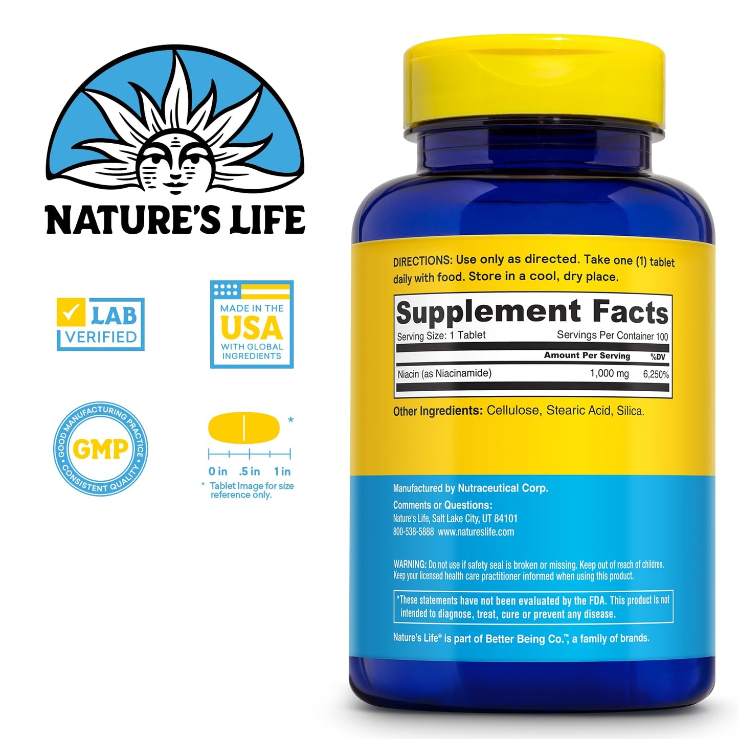Nature's Life Energizing Niacinamide Vitamin B3 1000mg Tablet, 100 Count