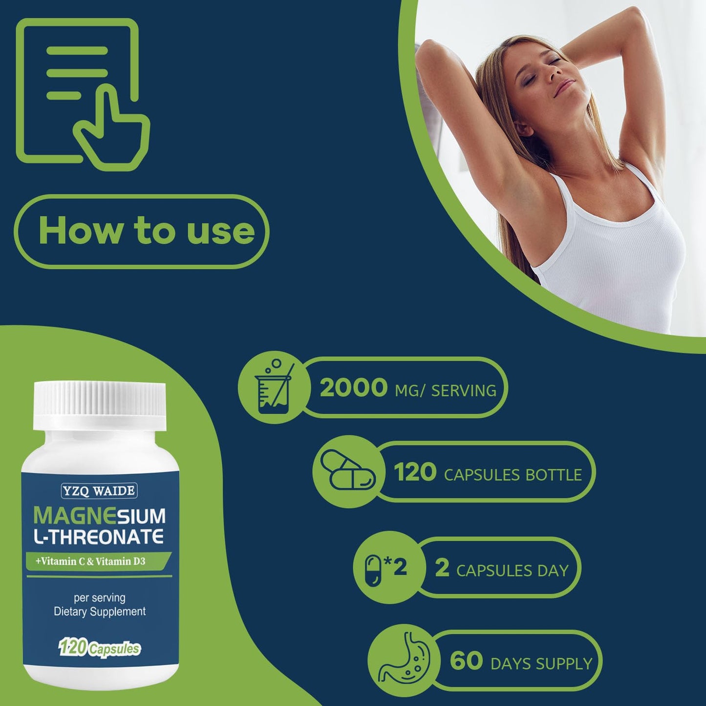 YZQ WAIDE Magnesium L-Threonate Supplement Capsules 120 Count
