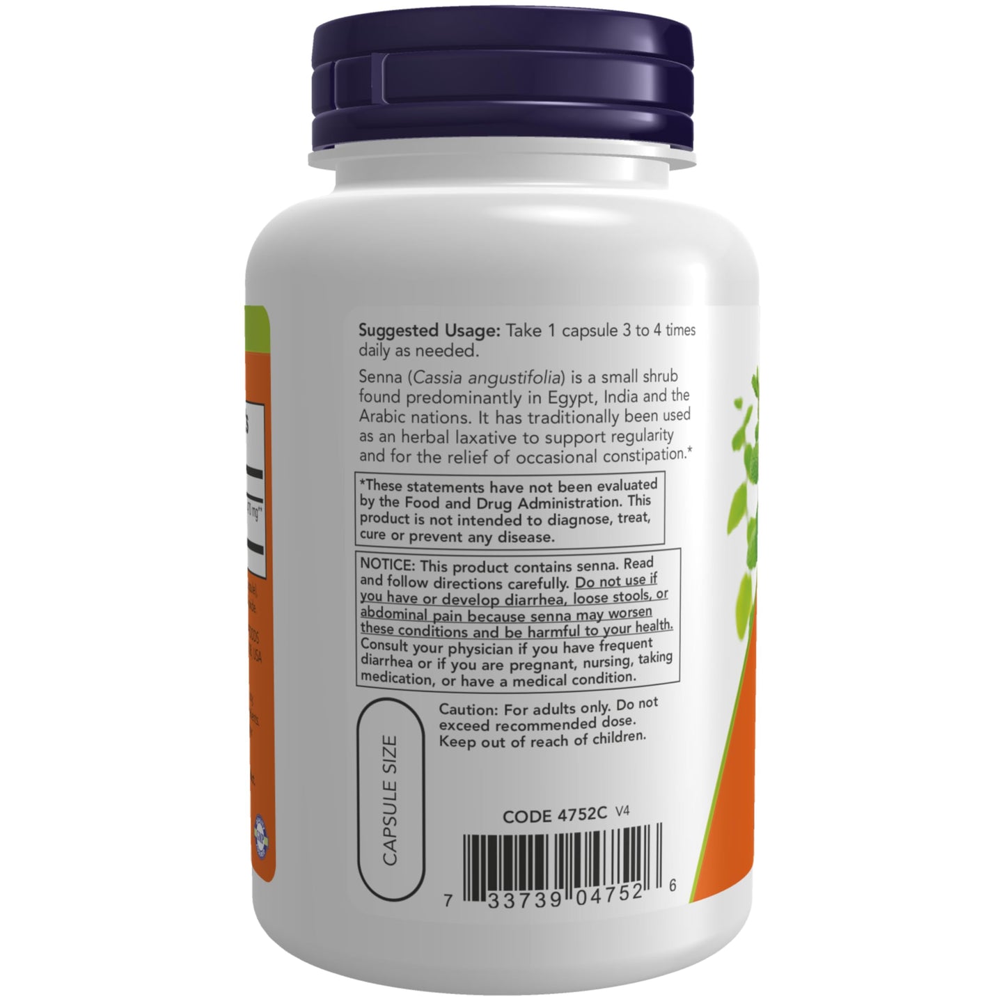 NOW Foods Senna Leaves (Cassia angustifolia) 470 mg Capsules, 100 Count