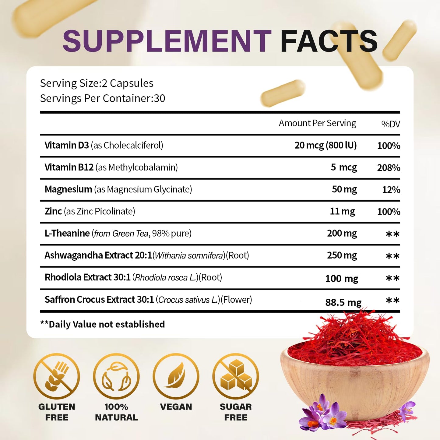 Theronika Aly Saffron Supplements with Ashwagandha, Rhodiola, Magnesium, L-Theanine, Zinc & B12, 88.5 mg Pure Saffron Extract Capsules, 60 Capsules