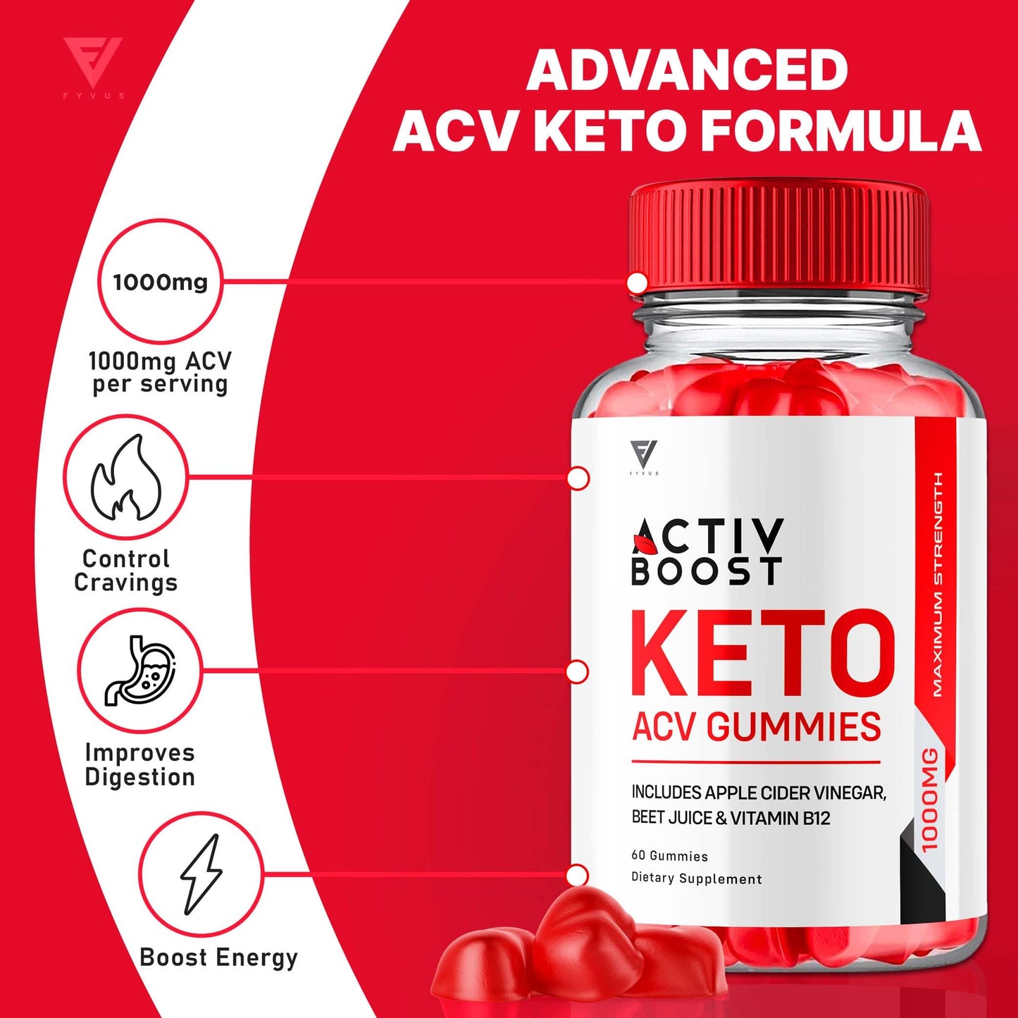 Fyvus Activ Boost Keto ACV Gummies 1000mg Apple Cider Vinegar Vitamin Supplement, 60 Gummies