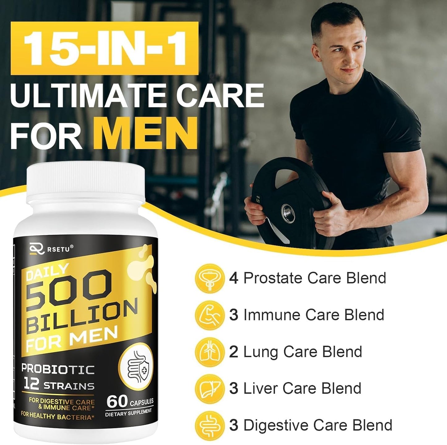 RSETU Probiotics for Men, 500 Billion CFUs & 12 Strains, Mens Probiotic Capsule, 120 Capsules