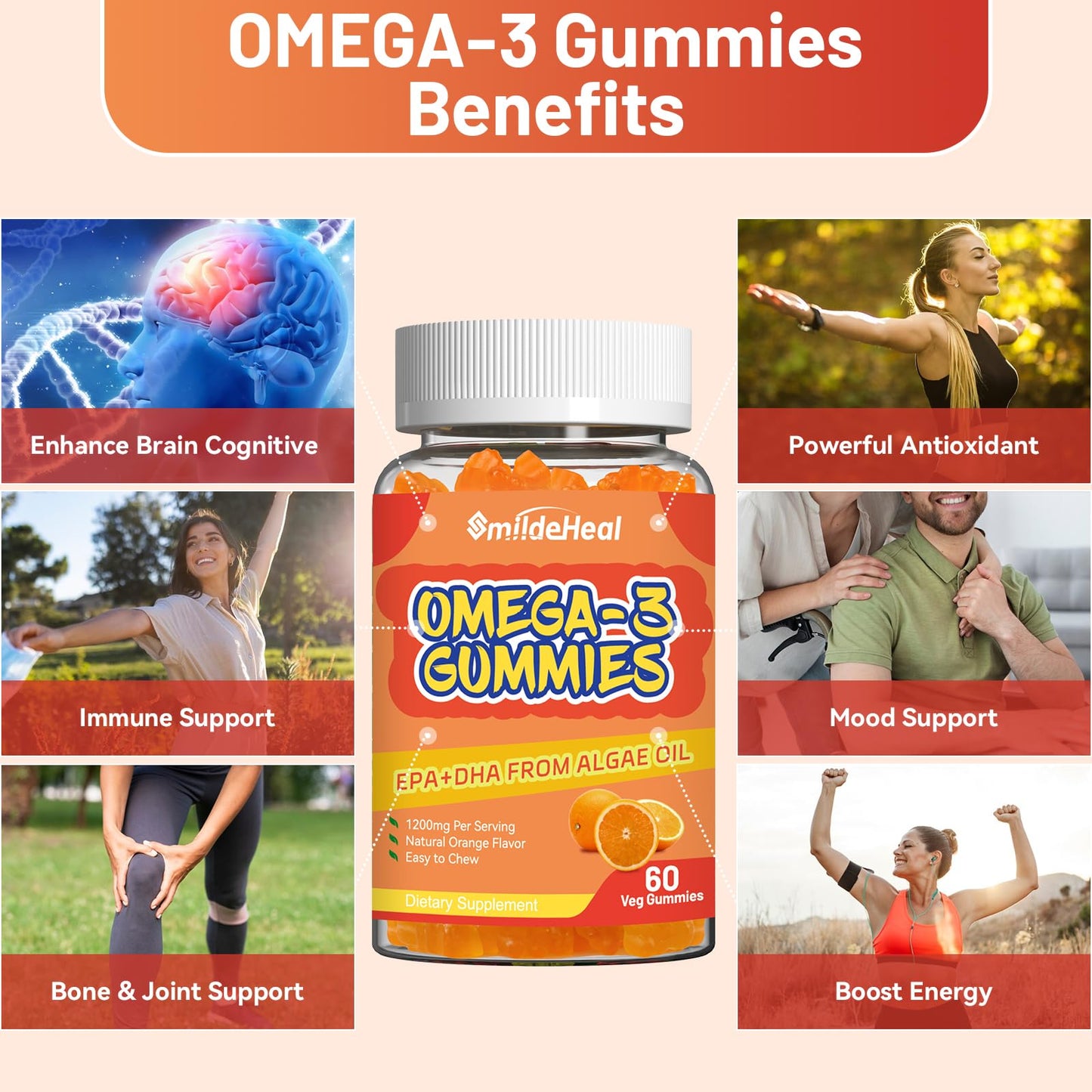 SmildeHeal Omega 3 Supplement 1000mg, High Absorption DHA & EPA, Heart, Brain & Joint Support, Extra Strength Fish Oil Vitamins, 60 Gummies