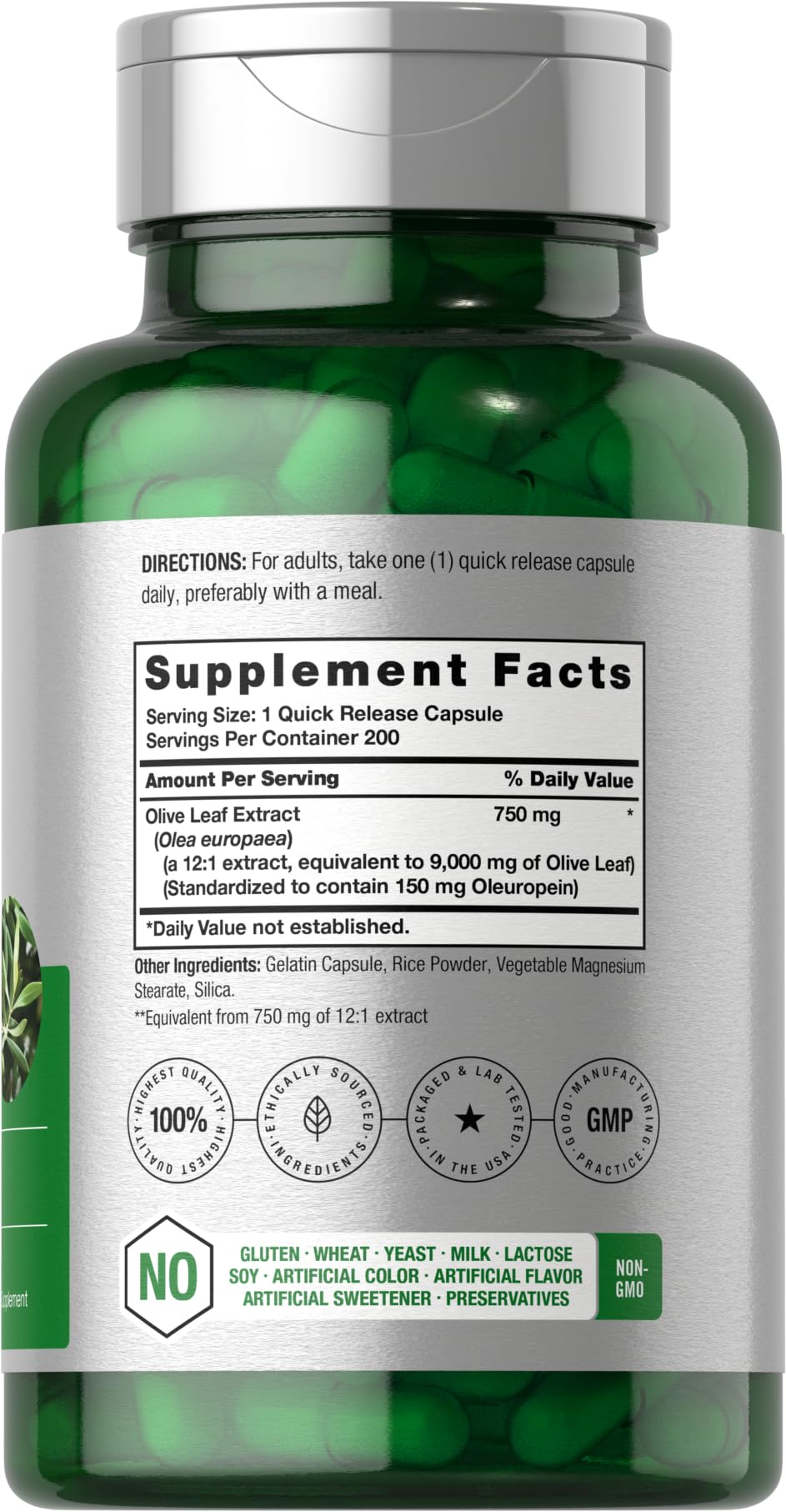 Horbäach Olive Leaf Extract Capsules, 200 Count