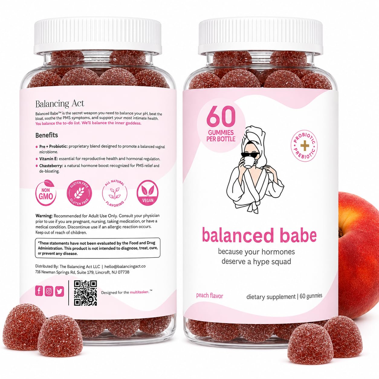 Balancing Act Balanced Babe Women’s Probiotic Gummies with Prebiotic, Apple Cider Vinegar, LactoSpore®, DE111®, Vitamin B6 and Vitamin E, 60 Gummies