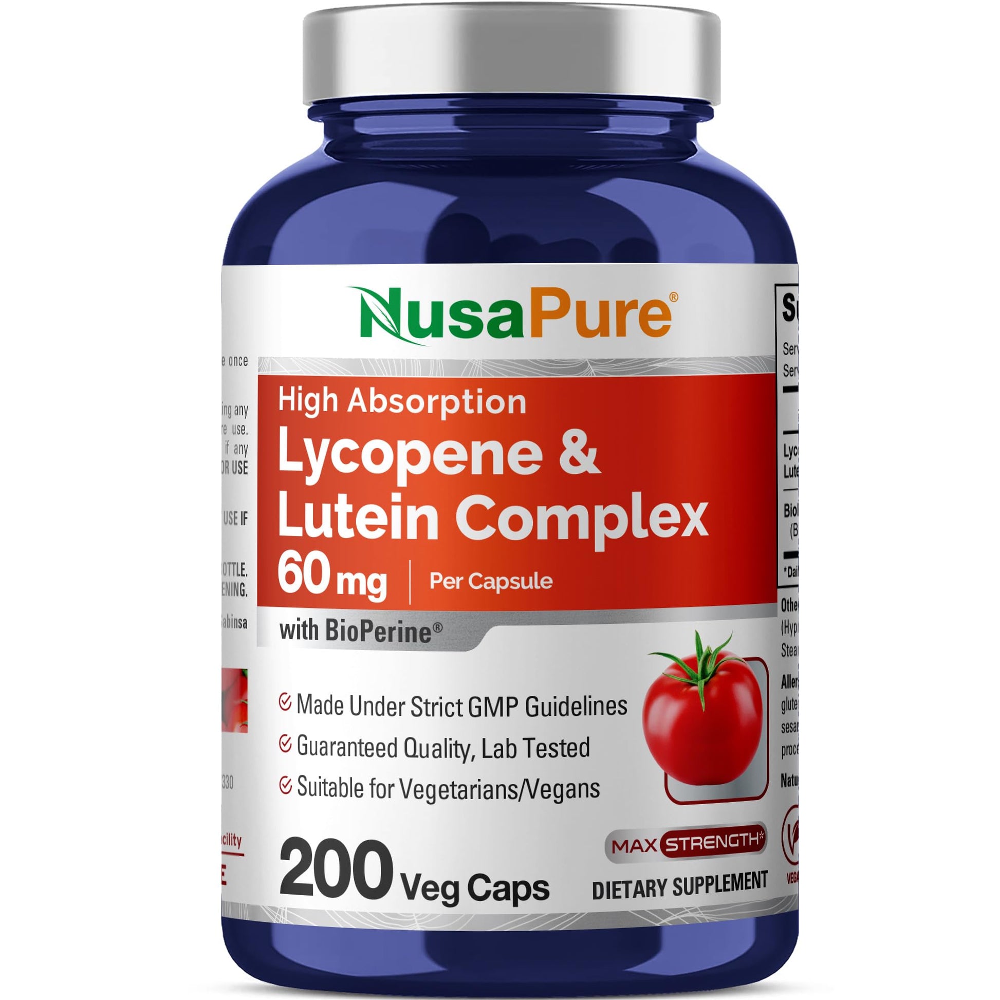 NusaPure Lycopene & Lutein Complex 60mg Capsule, 200 Count, Non-GMO, Vegan