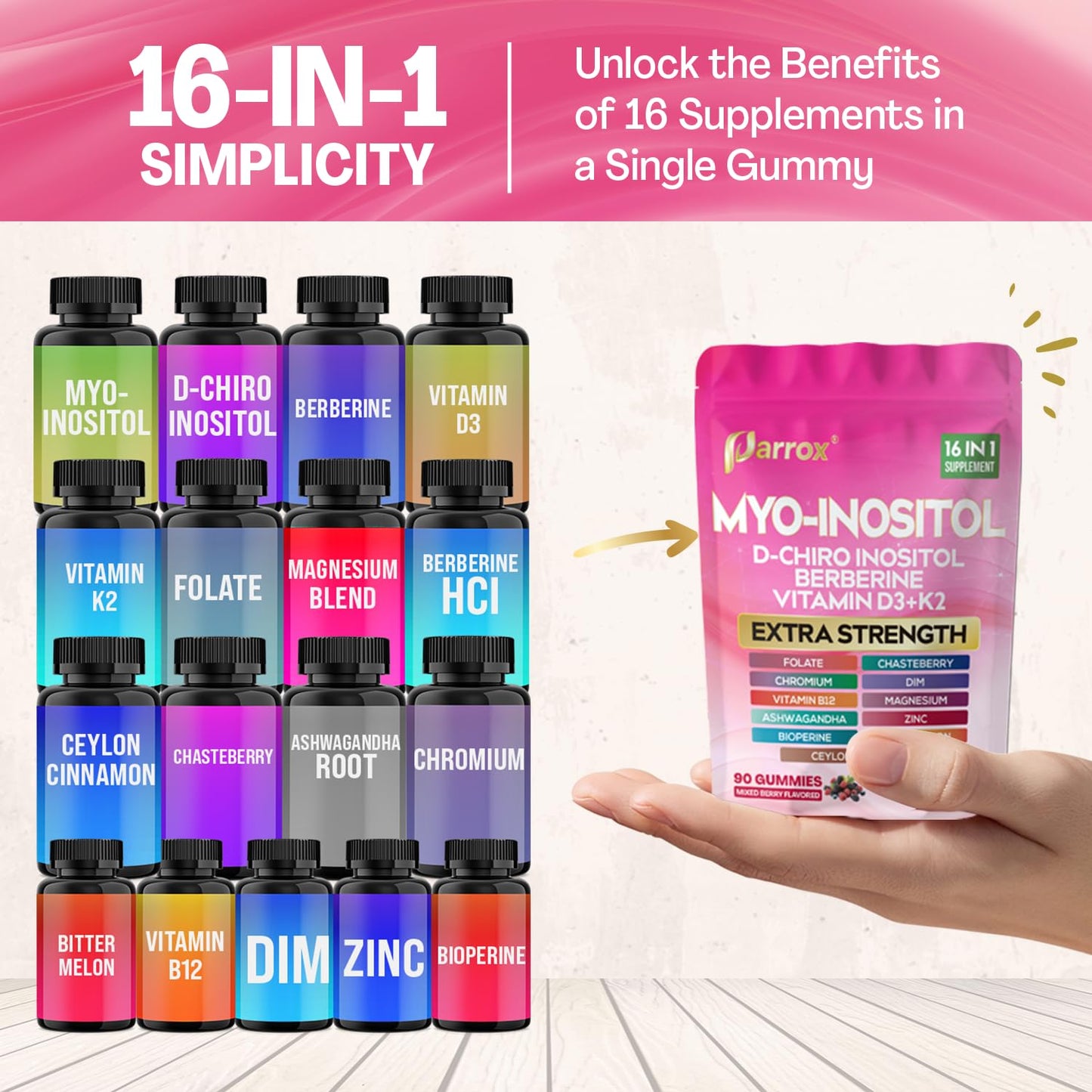 Parrox Myo-Inositol & D-Chiro Inositol Gummies with Berberine, Mixed Berry, 90 Count