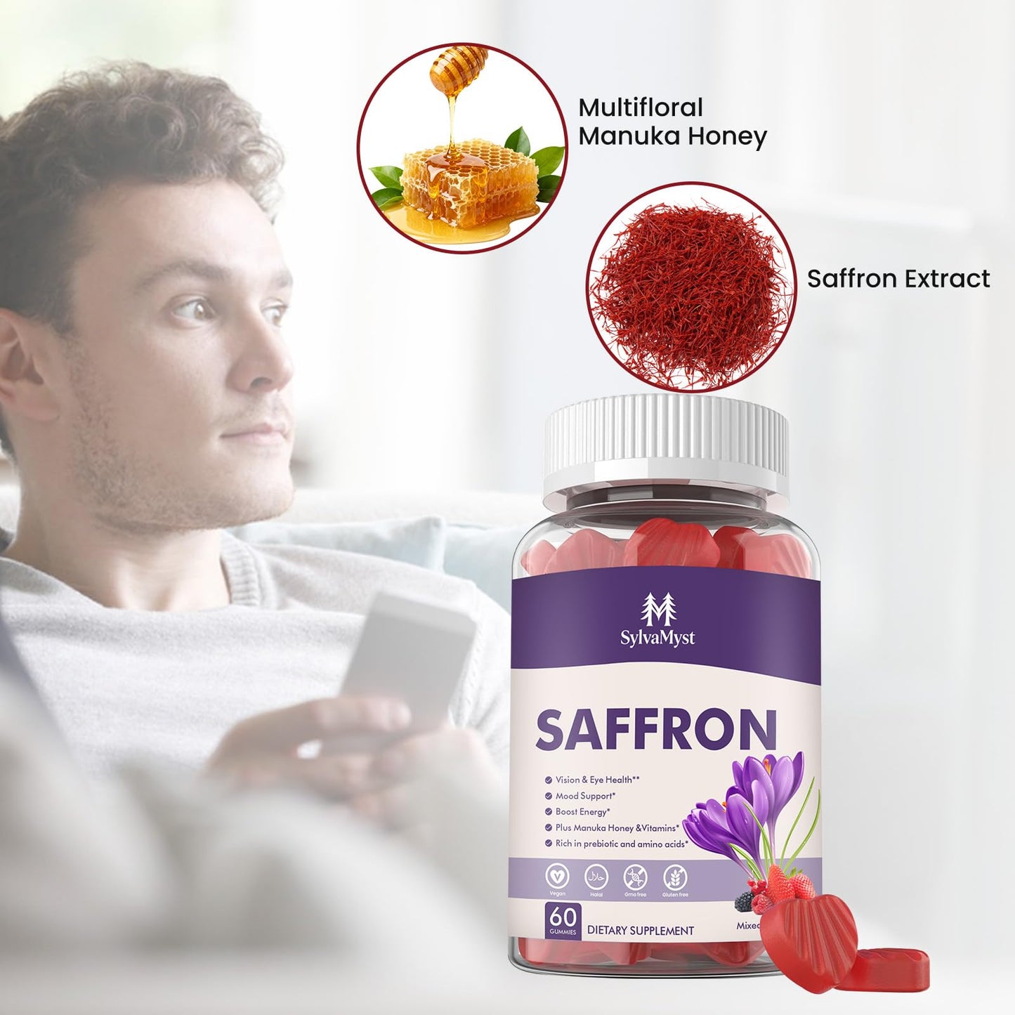 SylvaMyst Natural Saffron Gummies - Relaxation Support Gummy 60 Count
