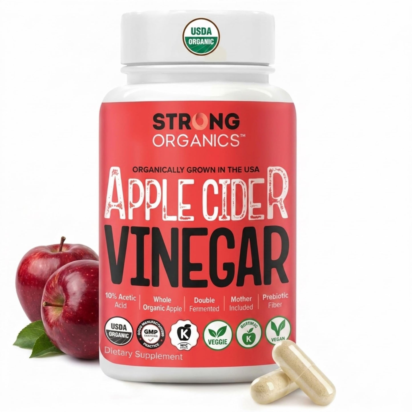 Strong Organics Organic Apple Cider Vinegar Capsules with The Mother, Vegan, 120 Capsules