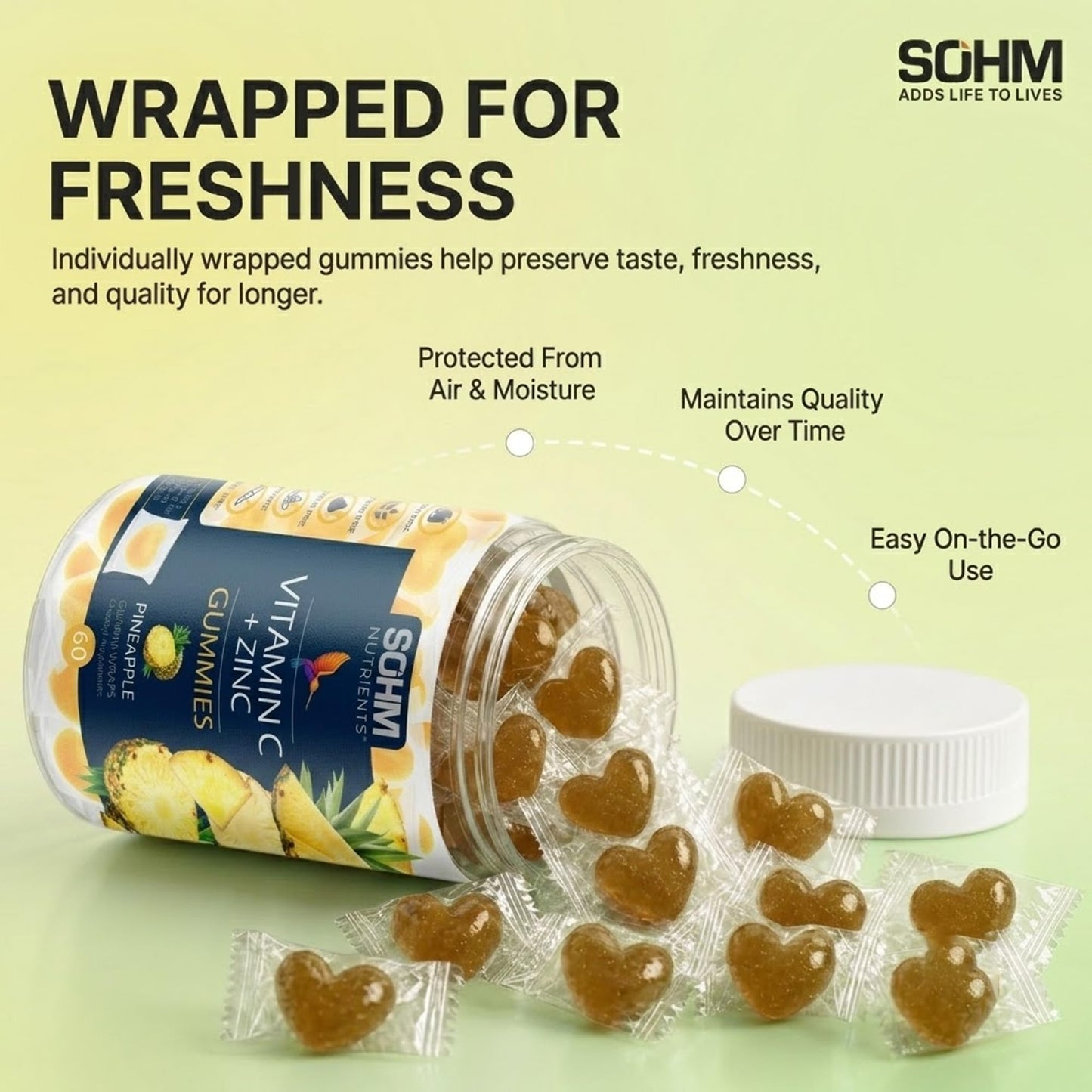SOHM ADDS LIFE TO LIVES Vitamin C 60000 mcg + Zinc 15000 mcg Gummies for Adults, 60 Count