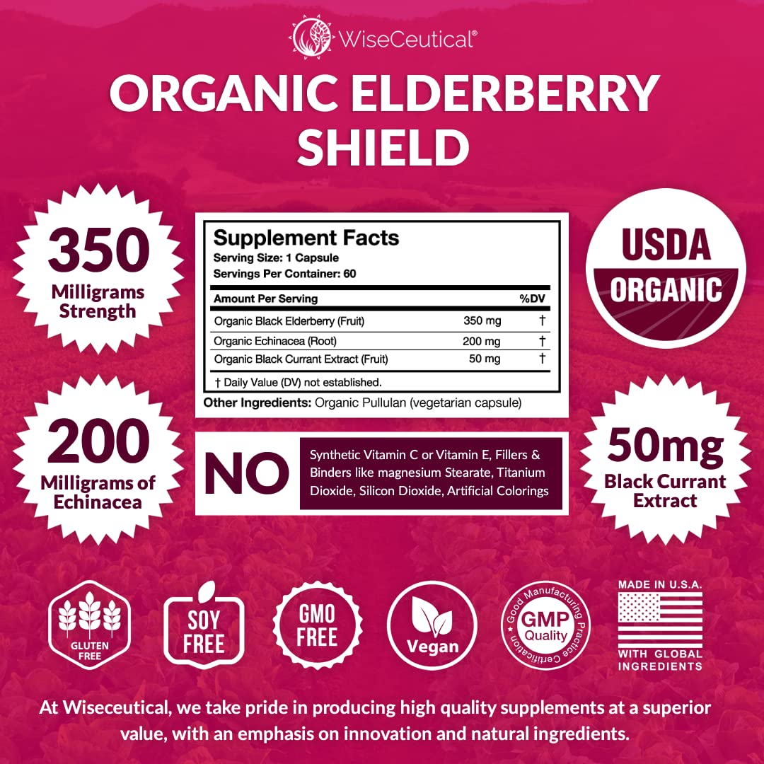 Wiseceutical Black Elderberry with Black Currant Extract, Echinacea & Vitamin C Immune Support Capsules, 60 Capsules