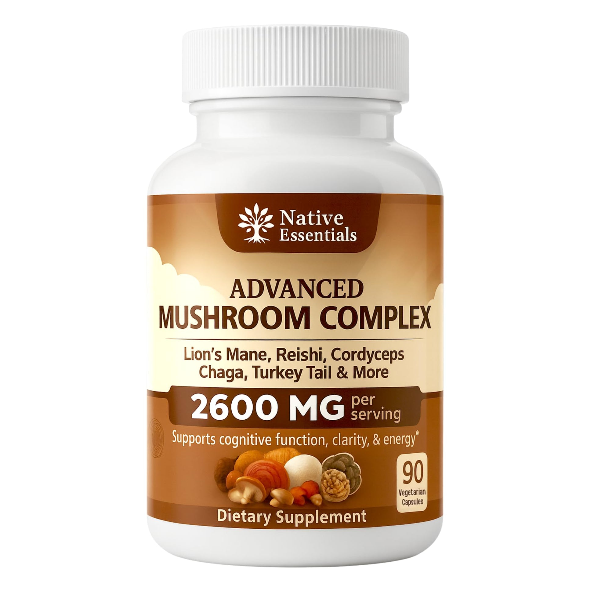 Native Essentials 10-in-1 Mushroom Complex with Lions Mane, Reishi, Cordyceps 2600mg Focus Energy Immune Support, 90 Capsules