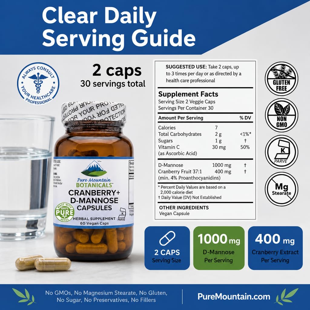 Pure Mountain Botanicals D-Mannose with Cranberry Capsules, 60 Count