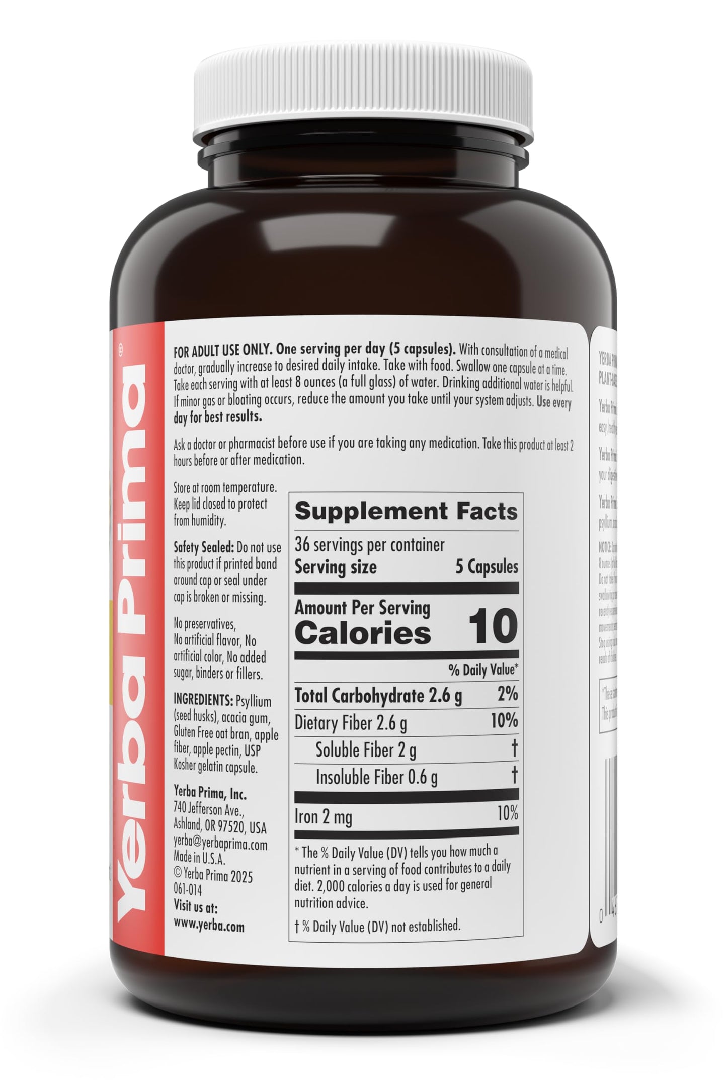 Yerba Prima Soluble Fiber Formula Capsules, 180 Count