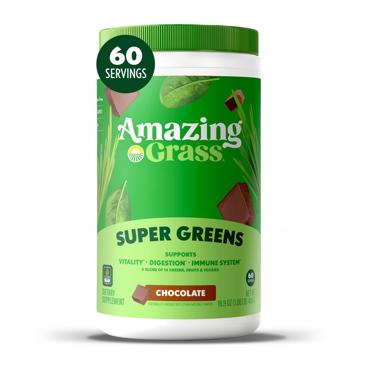 Amazing Grass Super Greens Powder Organic Greens Superfood Powder Smoothie Supplements Supports Digestion Probiotics Spirulina Beet Root Chocolate, 17
