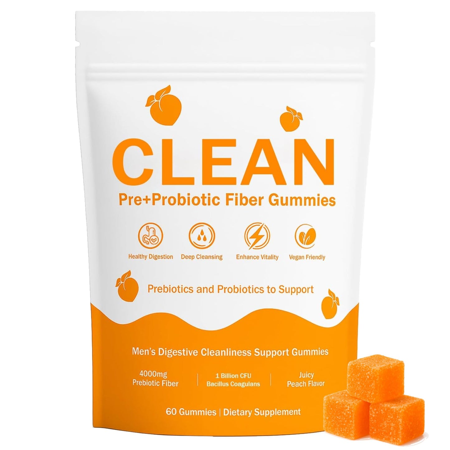 NEWUREHO Clean Prebiotic Fiber Gummies for Men - Peach Flavor, Pre+Probiotic Fiber, Gut Balance & Digestive Support, 3 Count