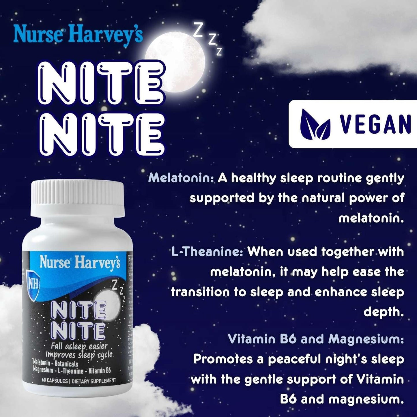 Nurse Harvey's Nite Nite Adult Sleep Capsules with 3mg Melatonin, Magnesium Bisglycinate, Vitamin B6 – 60 Vegan Capsules
