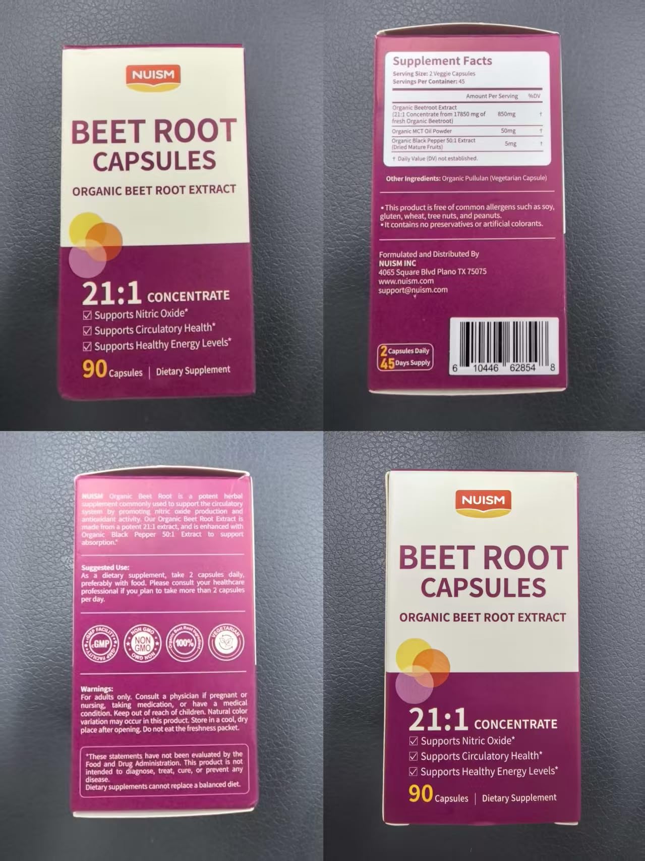 NUISM Organic Beet Root Capsules 21:1 Beetroot Extract Supplement with Black Pepper, 240 Capsules
