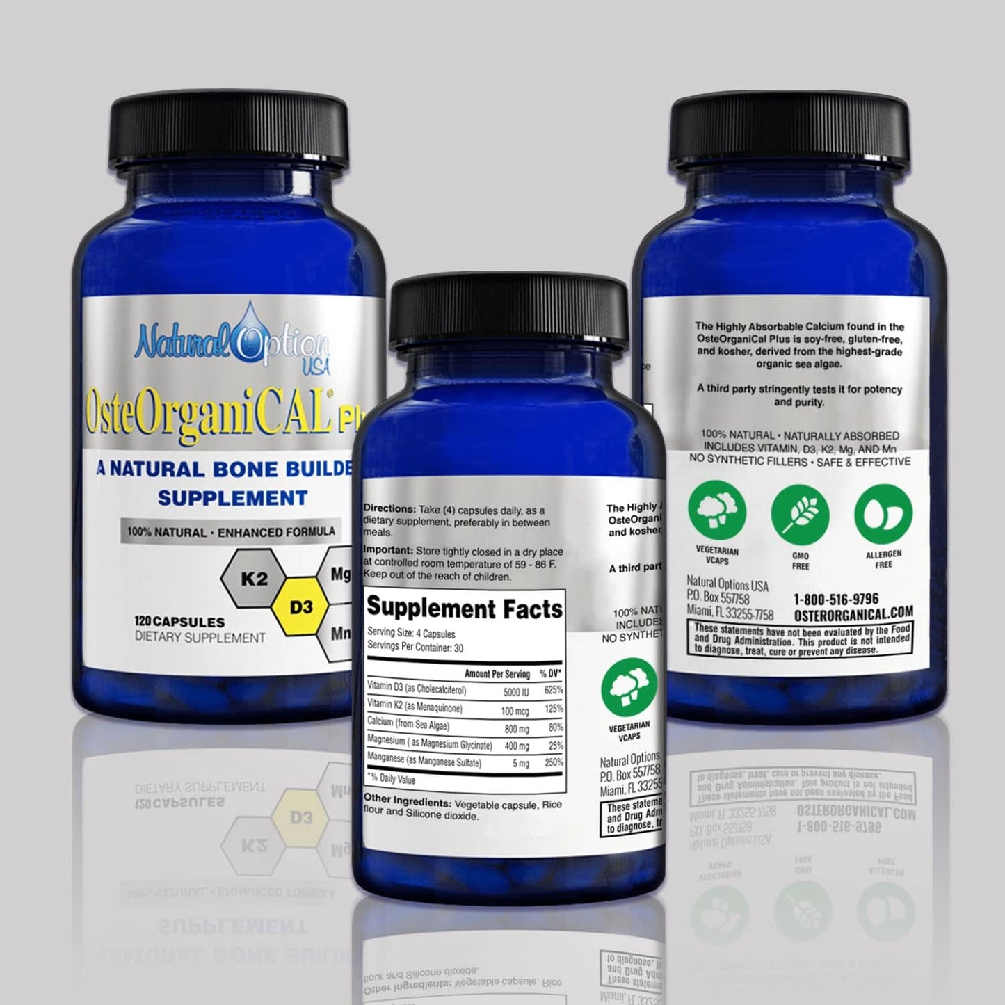 Osteorganical Plus Organic Plant-Based Calcium Supplement with Vitamin D3, K2, Magnesium Glycinate and Manganese Capsules 360