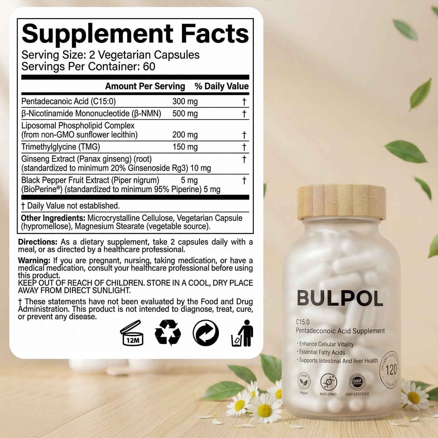 BULPOL Pentadecanoic Acid (C15:0) Capsules, 300 mg per Serving, 120 Capsules