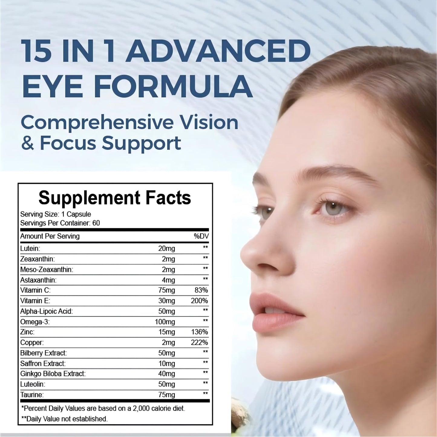 PJRYC Neurobella Eye Formula - VisioVance 15 in 1 Advanced Eye Formula with All 3 Carotenoids, Lutein & Zeaxanthin, Bilberry Extract and Saffron, Daily Visual Support Formula for Screen Use, 120 Capsules