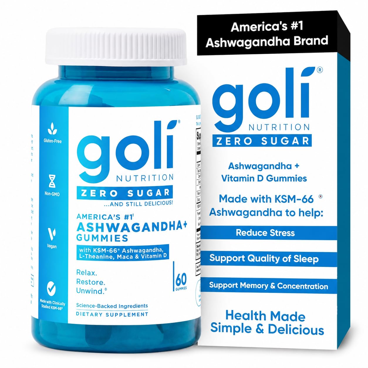 Goli Zero Sugar Ashwagandha Gummies with KSM-66, L-Theanine, Maca and Vitamin D, 60 Count