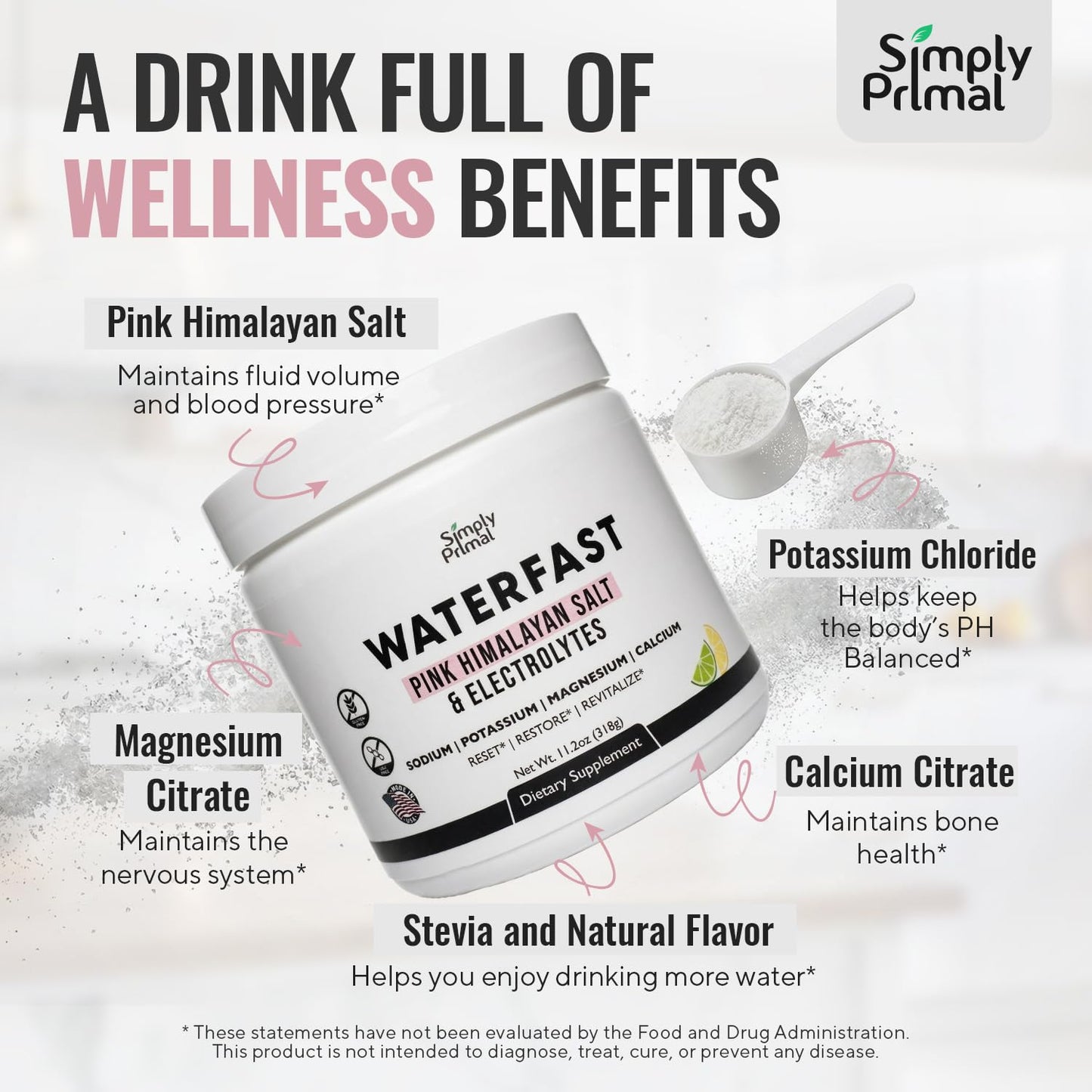 Simply Primal WATERFAST Keto Electrolyte Powder for Fasting and Hydration - Lemon Lime Flavor, 11.2 Ounce