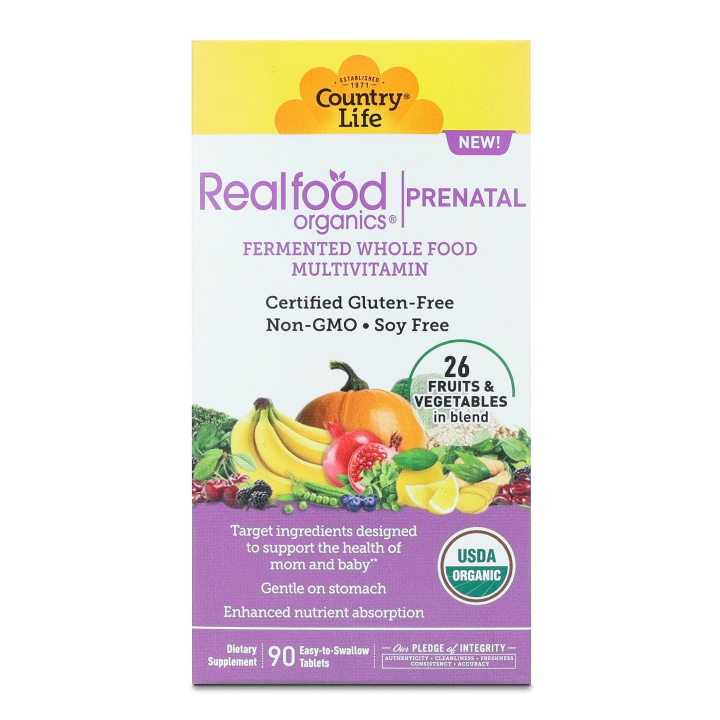Country Life Realfood Organics Prenatal Multi - Before, During, & Post Pregnancy - Folate, D3 & Iron to Support Healthy Fetal Growth and Development*, Gentle on Stomach, Gluten-Free, Soy Free, 90 Tablets