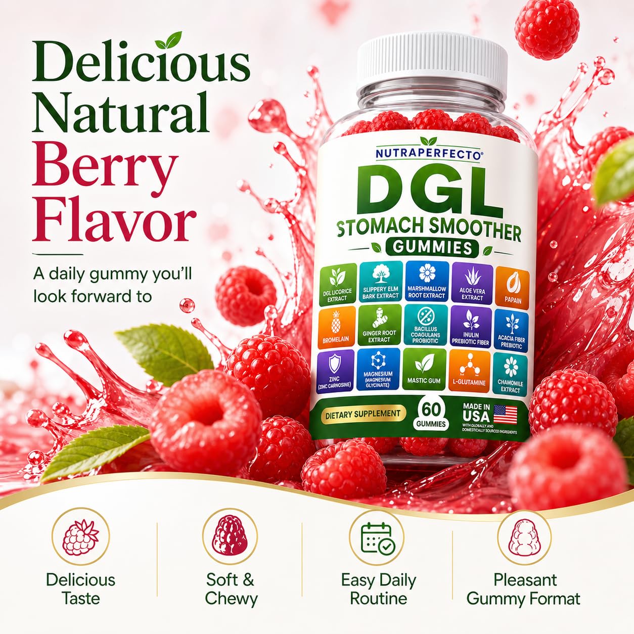 NutraPerfecto Sugar Free DGL Stomach Smoother Gummies, 60 Count