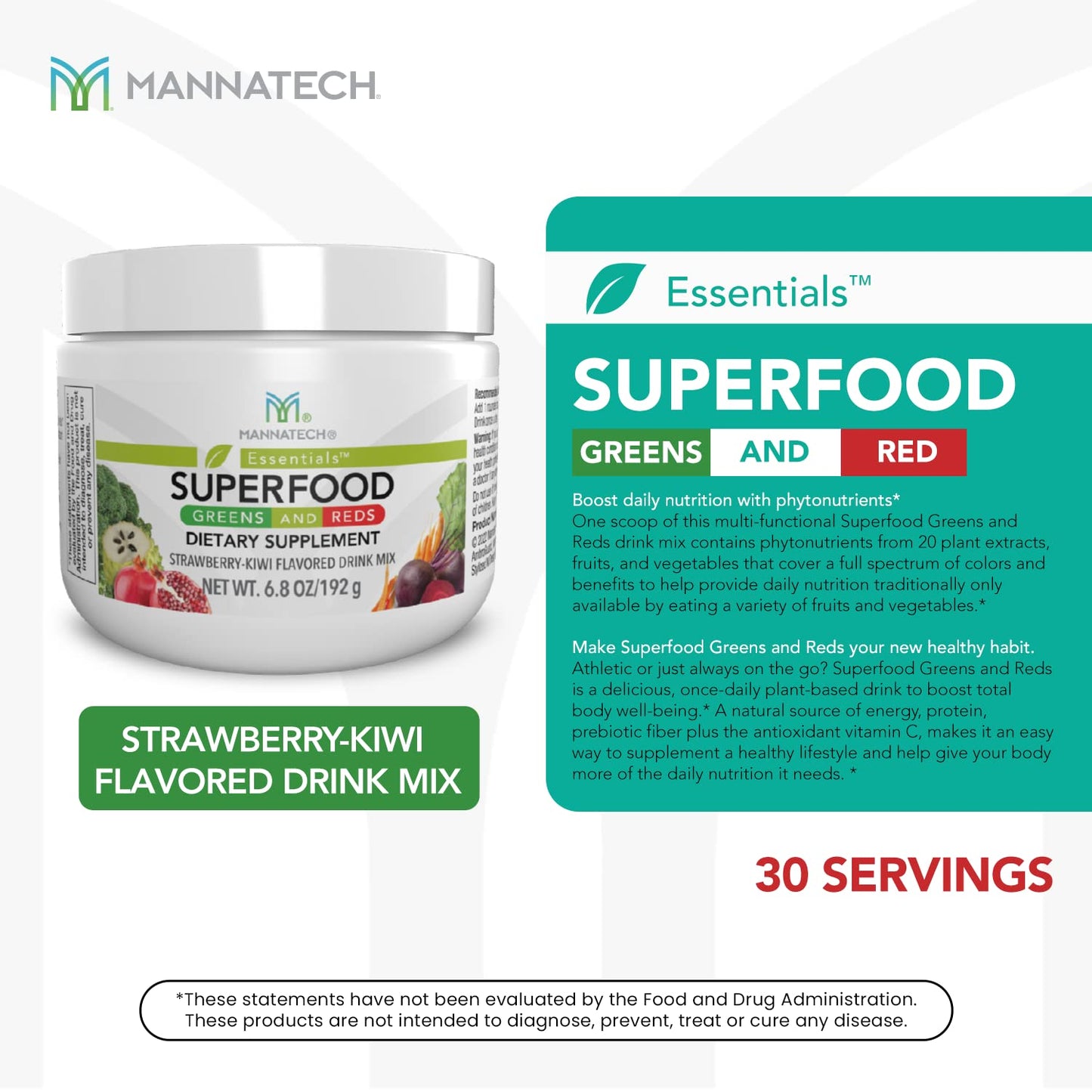 Mannatech Superfood Greens & Reds Strawberry Kiwi Powder 6.8 Ounce